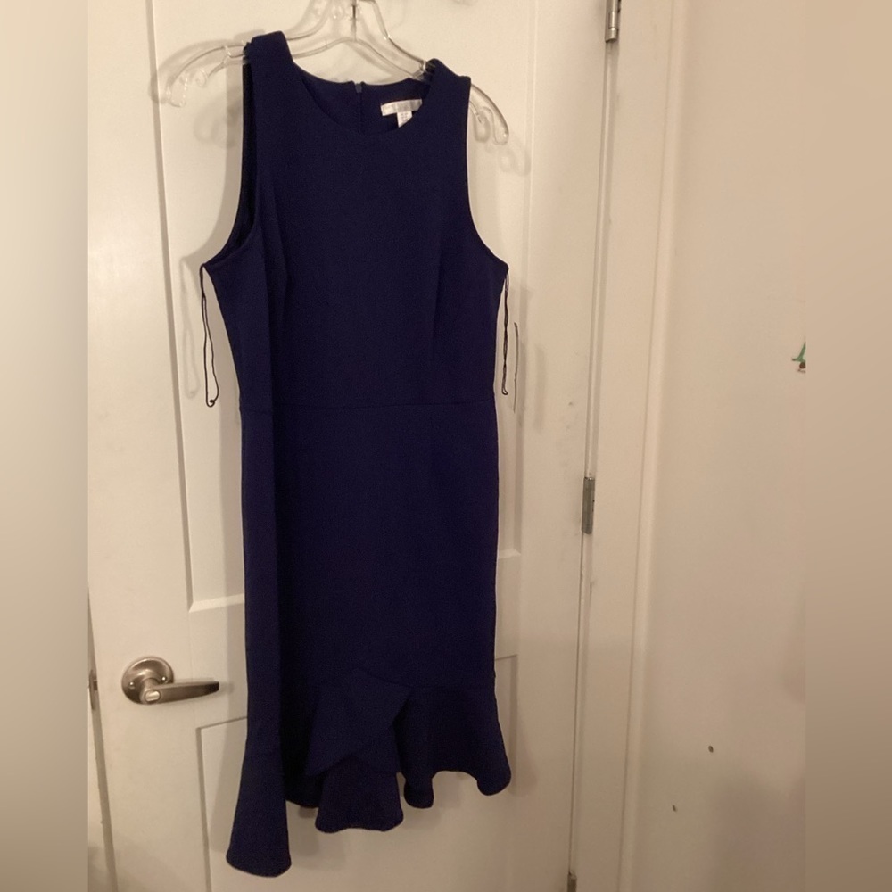 NWT London Times Size 12P Navy Flounce Hem Sheath Dress